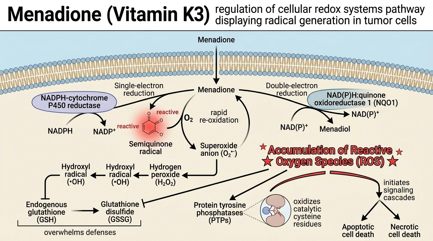 Menadione Vitamin K3 regulation of cellular redox systems pathway displaying radical generation in tumor cells