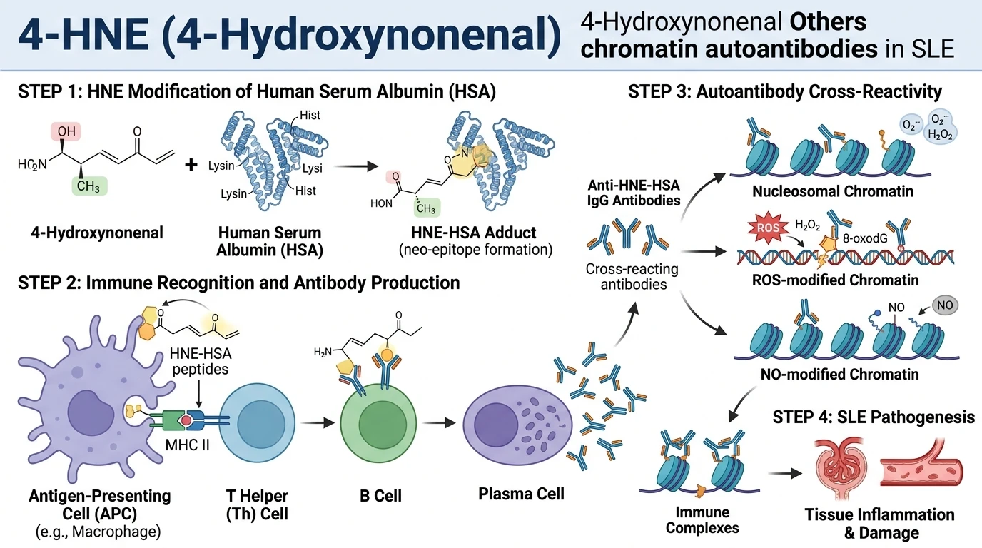 Schematic diagram of 4-HNE lipid peroxidation pathway in lupus autoimmunity illustrating chromatin cross-reactivity