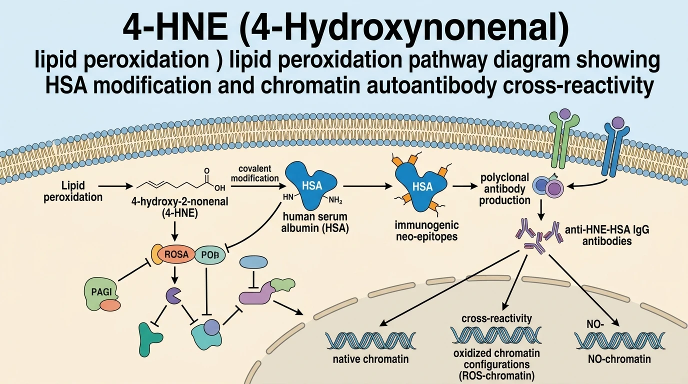 4-HNE 4-Hydroxynonenal lipid peroxidation pathway diagram showing HSA modification and chromatin autoantibody cross-reactivity