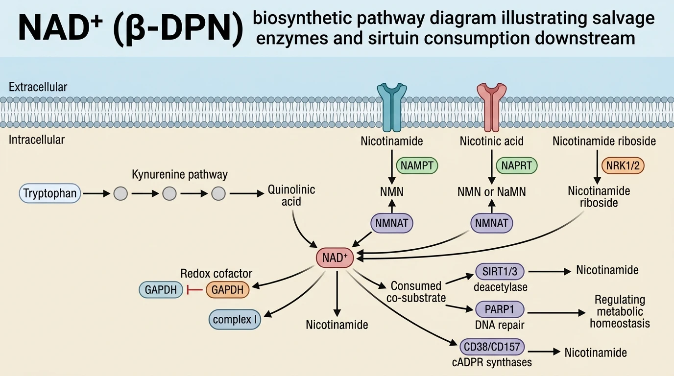 NAD+ β-DPN biosynthetic pathway diagram illustrating salvage pathway enzymes and sirtuin consumption downstream