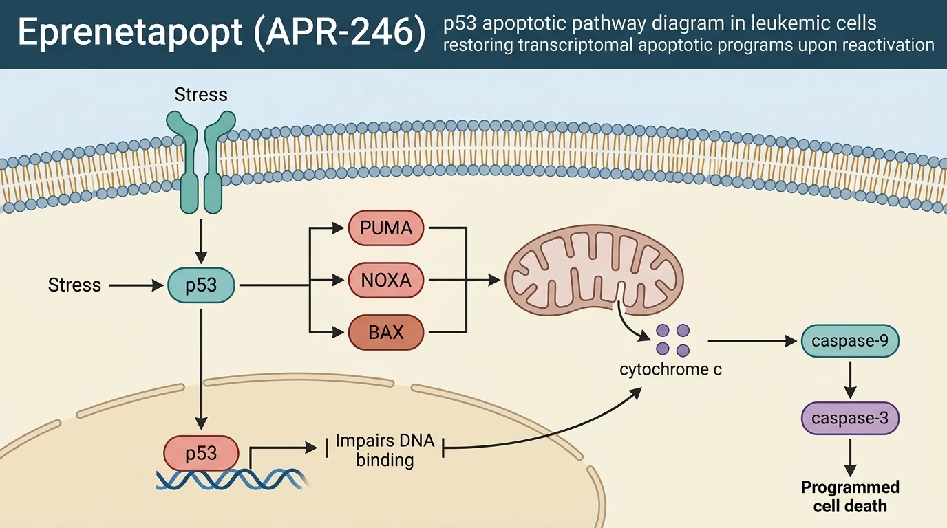 Eprenetapopt APR-246 p53 apoptotic pathway diagram in leukemic cells restoring transcriptomal apoptotic programs upon reactivation