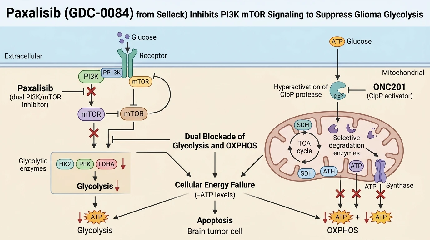 Schematic diagram of PI3K AKT mTOR pathway inhibition suppressing glycolytic flux in glioma cells