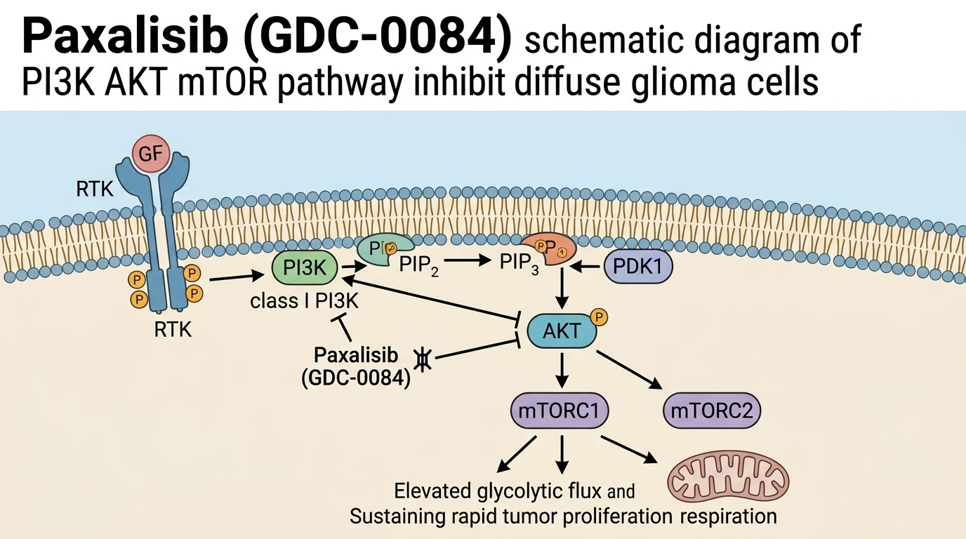 Paxalisib GDC-0084 schematic diagram of PI3K AKT mTOR pathway inhibition in diffuse glioma cells