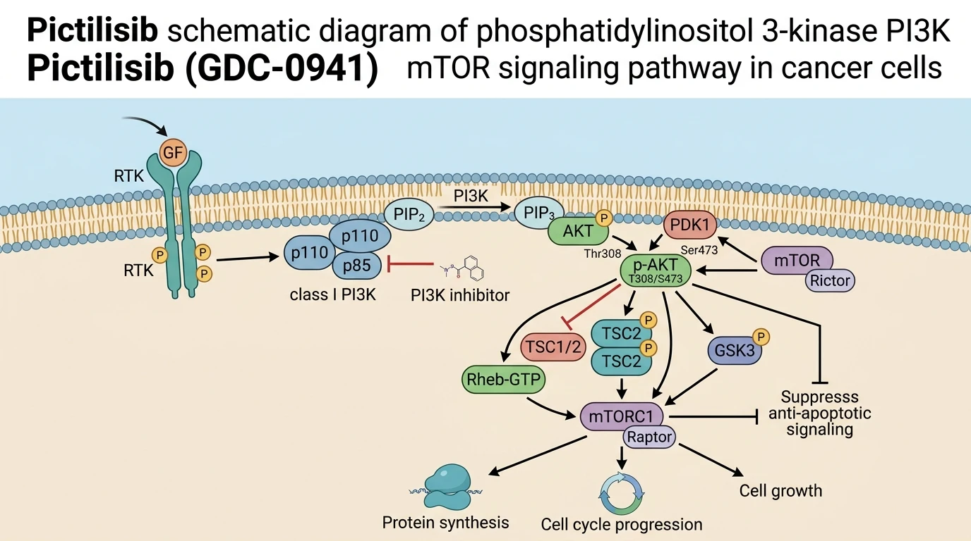 Pictilisib schematic diagram of phosphatidylinositol 3-kinase PI3K AKT mTOR signaling pathway in cancer cells
