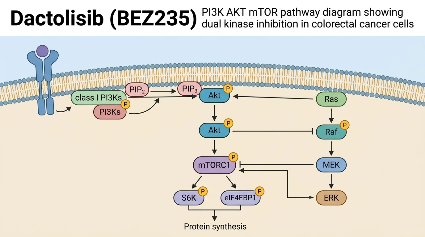 Dactolisib BEZ235 PI3K AKT mTOR pathway diagram showing dual kinase inhibition in colorectal cancer cells