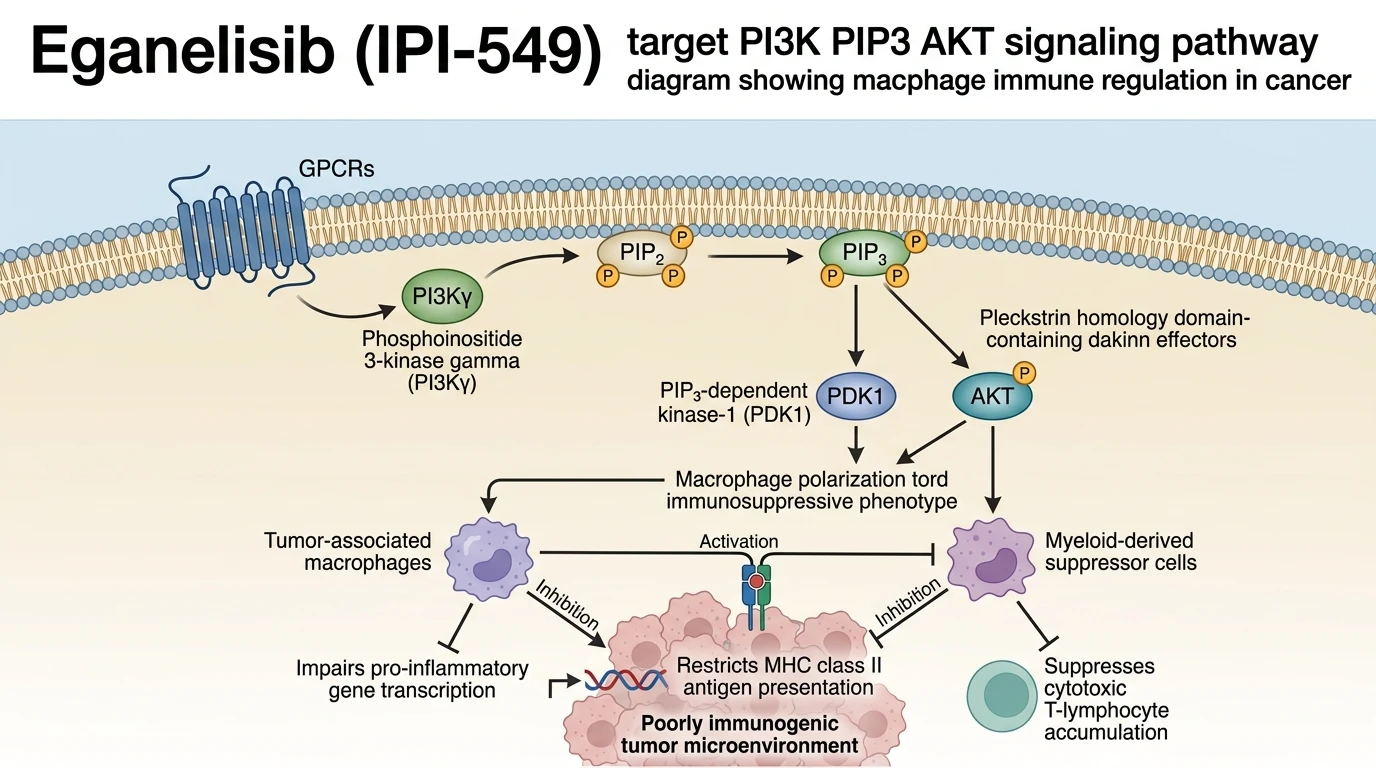 Eganelisib IPI-549 target PI3K PIP3 AKT signaling pathway diagram showing macrophage immune regulation in cancer