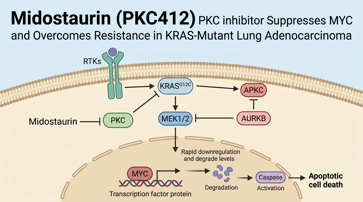 Schematic diagram of PKC multi-tyrosine kinase signaling pathway suppression inducing MYC degradation in lung adenocarcinoma