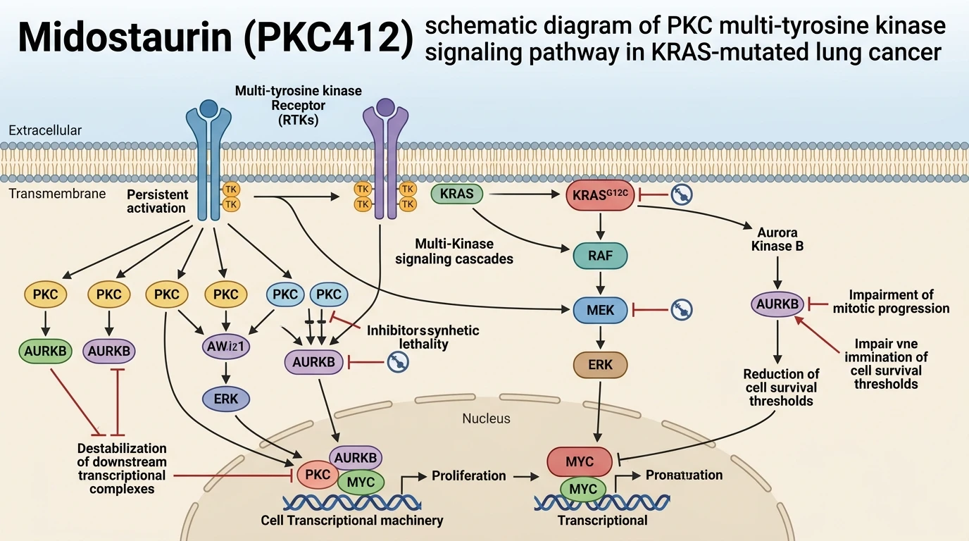 Midostaurin PKC412 schematic diagram of PKC multi-tyrosine kinase signaling pathway in KRAS-mutated lung cancer